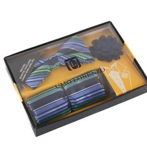 Pretied multicolored bowtie, matching hanky and dark blue lapel pin